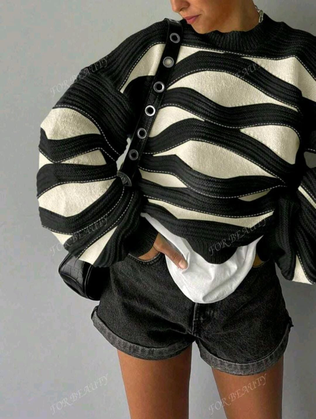 Pull en maille à manches longues avec col rond bleu