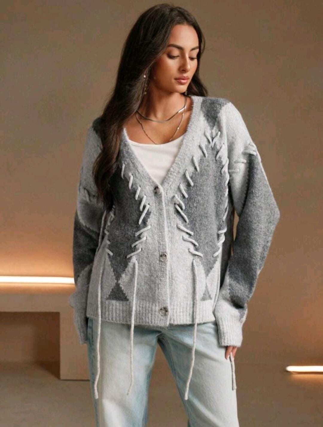 Anewsta Cardigan col V femme avec tricot à garniture en grille diamant colorbloc urbain