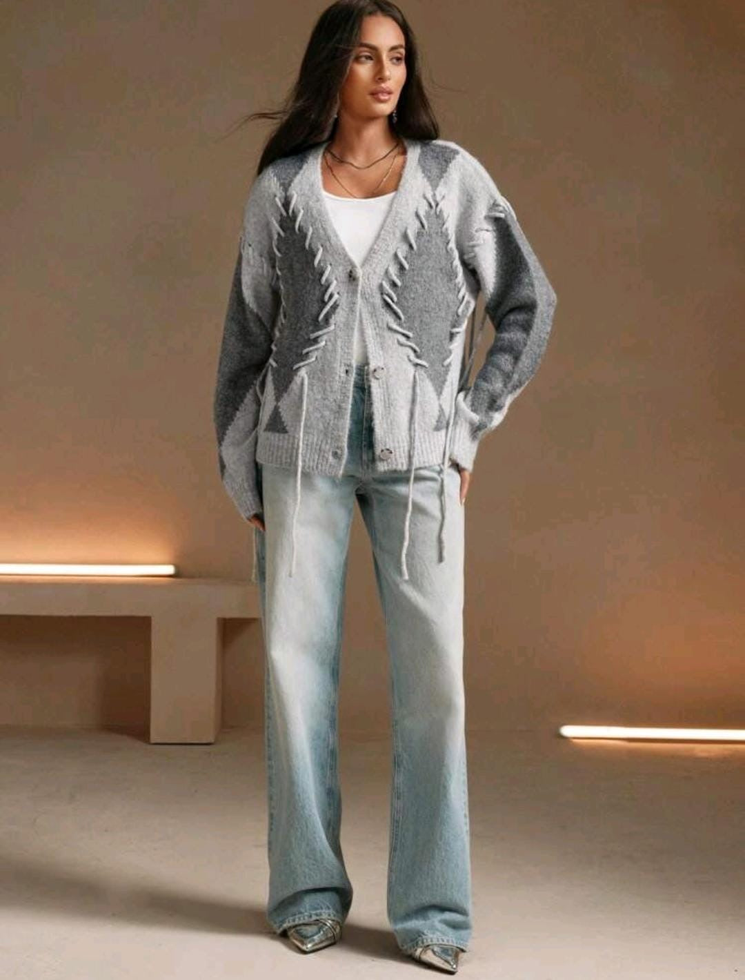Anewsta Cardigan col V femme avec tricot à garniture en grille diamant colorbloc urbain