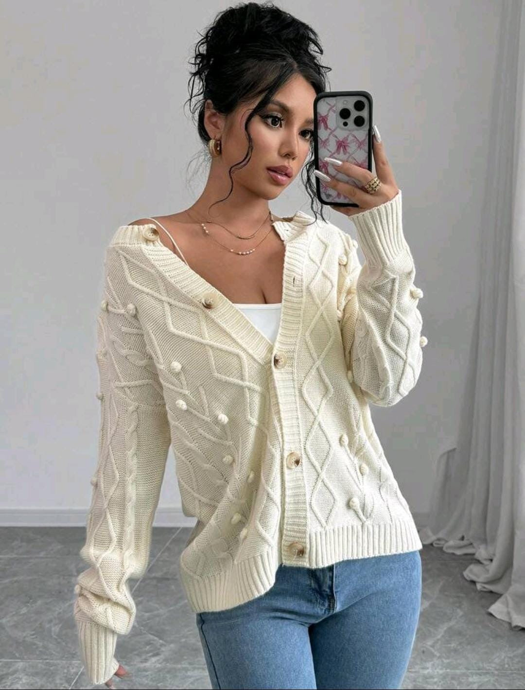 ChicEase Cardigan tricoté casual d'automne avec pompons