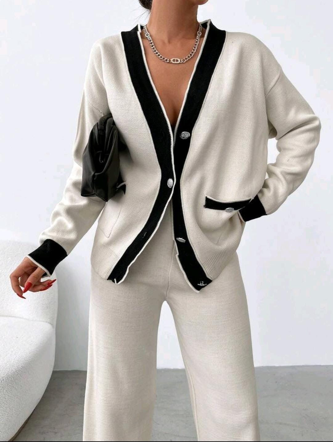 Cardigan À Bordure Contrastante Épaule tombante & Pantalon En Tricot