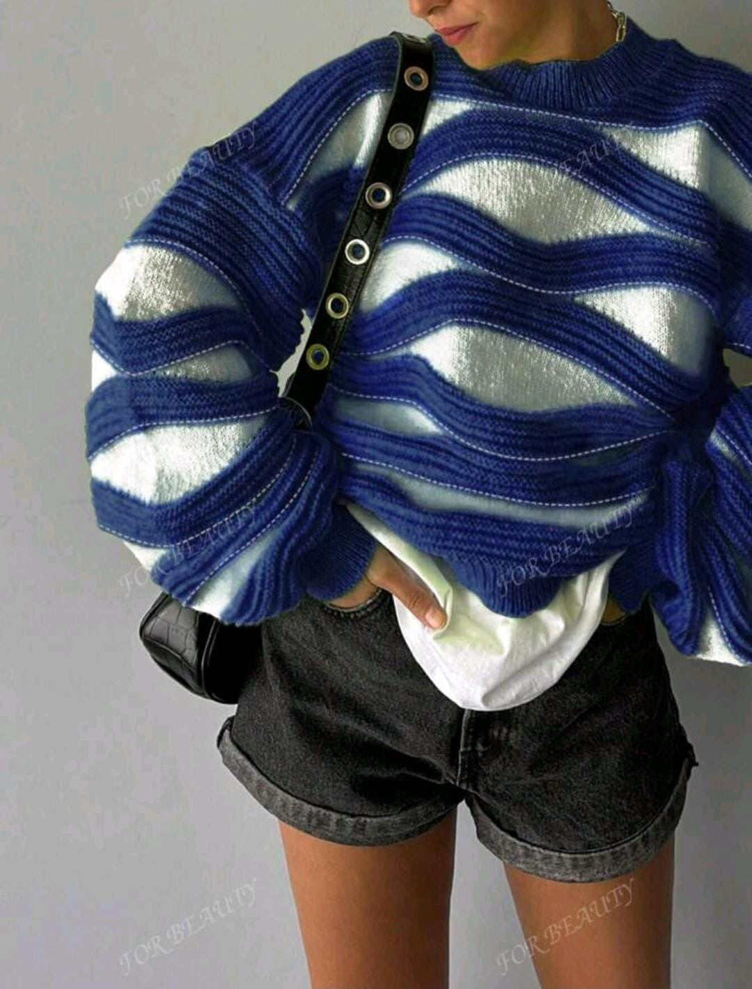 Pull en maille à manches longues avec col rond bleu
