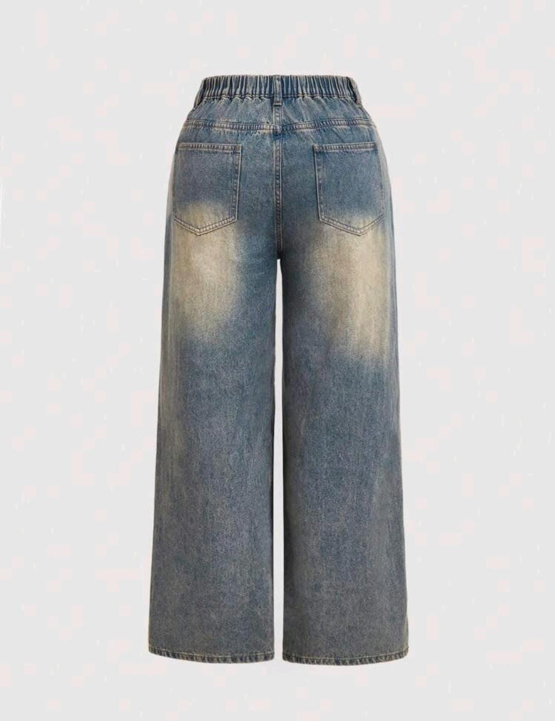 Jeans amples et évasés déchirés et délavés pour femme grande taille, bleus