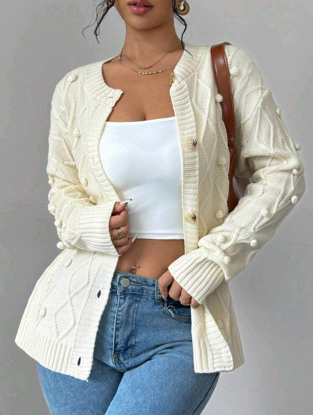 ChicEase Cardigan tricoté casual d'automne avec pompons