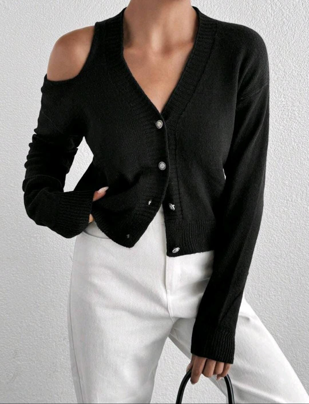 Cardigan fin noir décontracté décontracté avec détail ajouré pour femmes