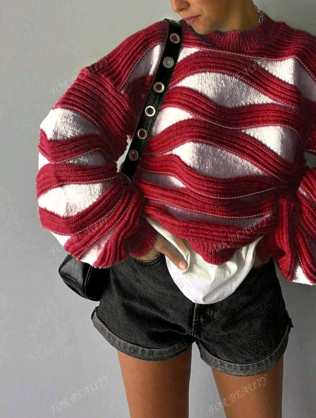 Pull en maille à manches longues avec col rond bleu
