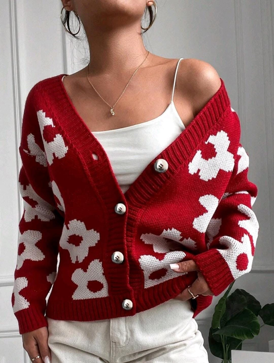 Cardigan Fleuri Épaule tombante