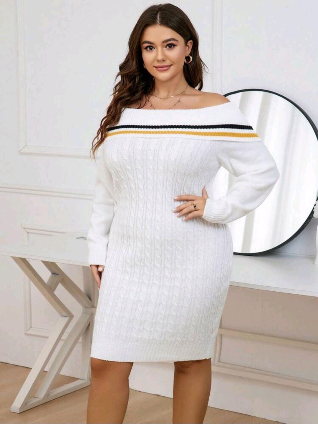 Robe Pull À Rayures Col Bardot En Tricot Torsadé