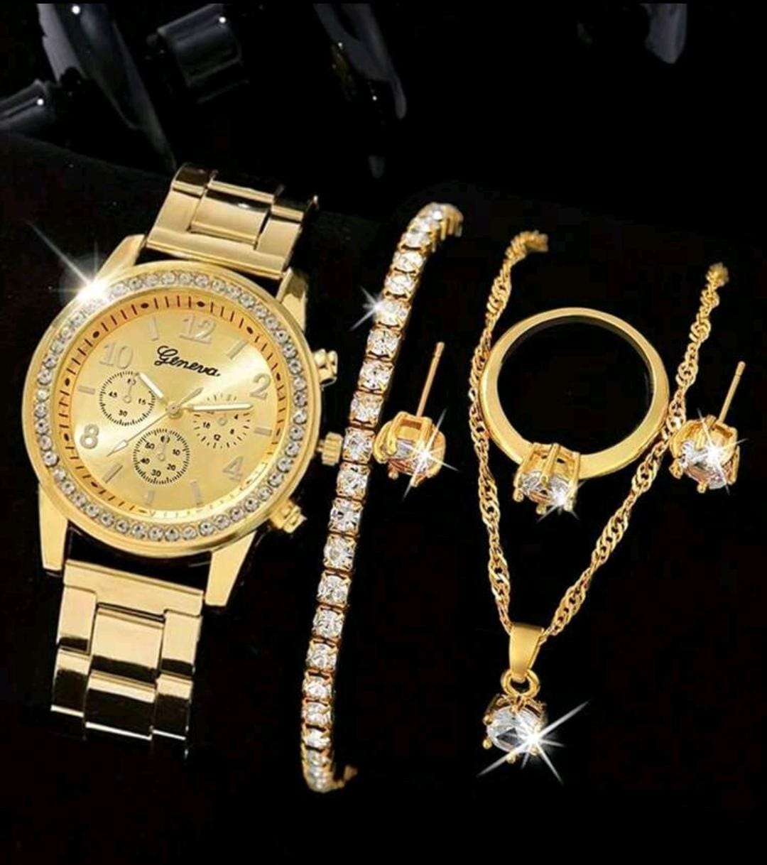 Ensemble de montre en acier avec bracelet, collier, boucles d'oreilles