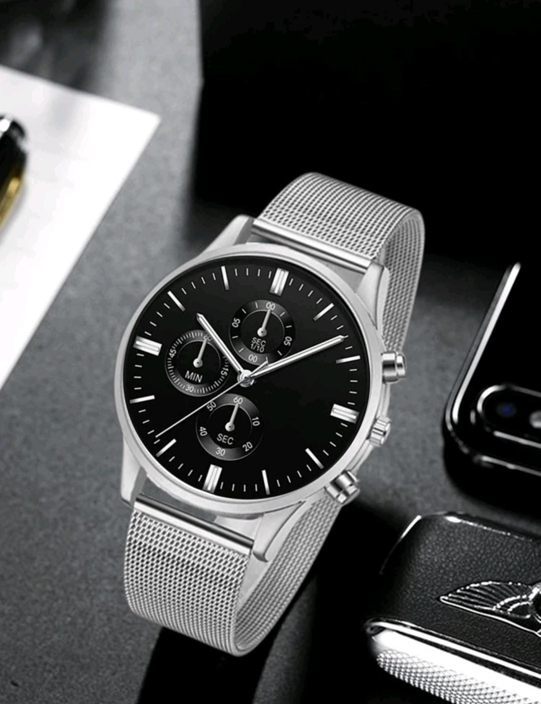 Homme Montre À Quartz À Pointeur Rond Argent