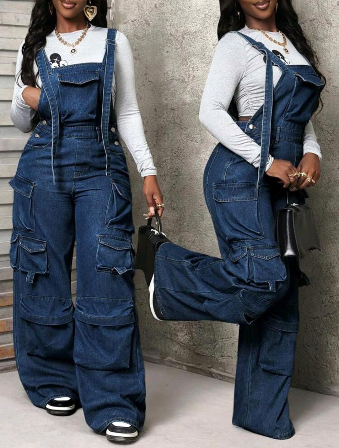 Combinaison en jean décontractée à jambes larges et lavée