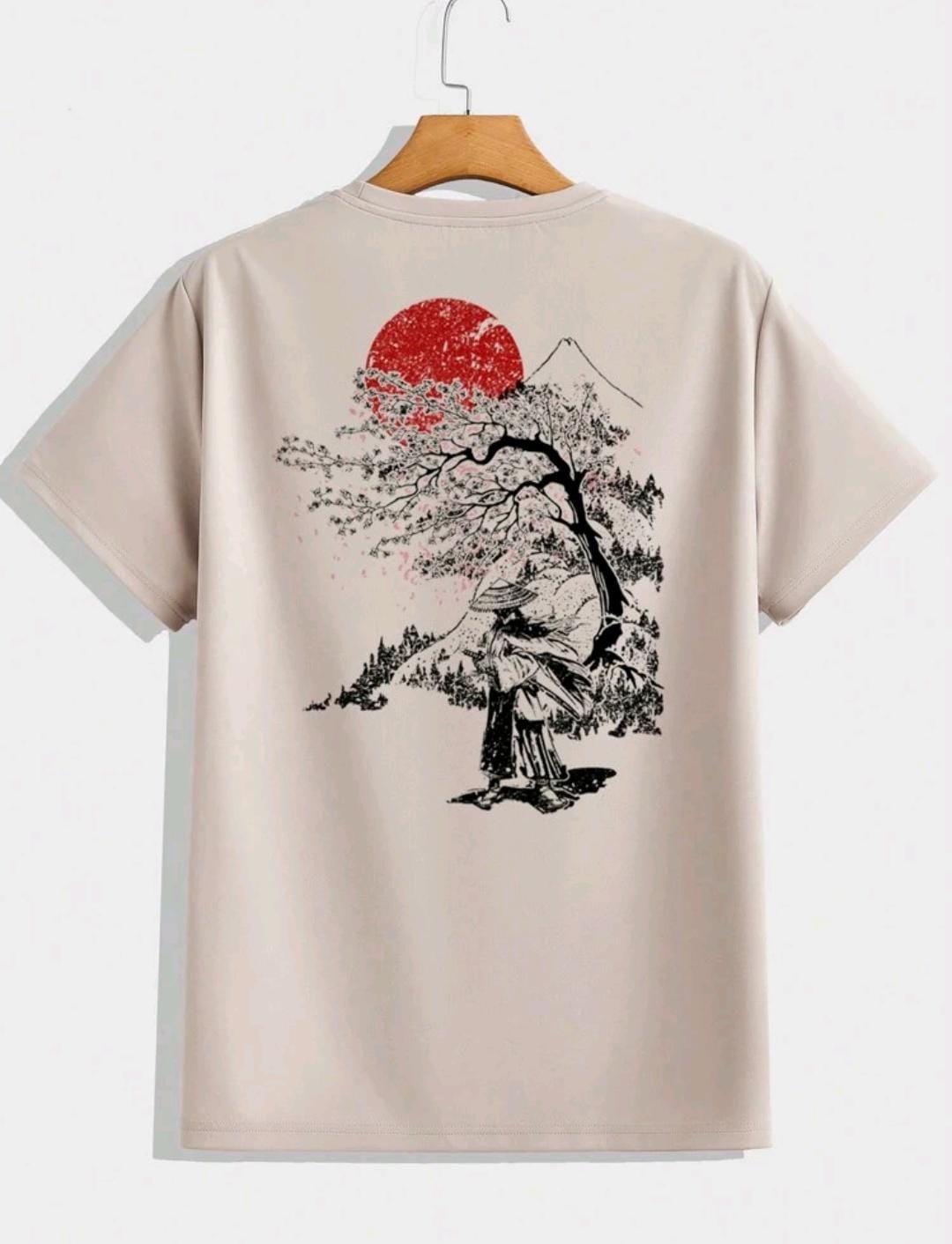Manfinity Homme Ensemble de t-shirt court à manches courtes blanc décontracté pour homme, imprimé avec un arbre de fleurs de cerisier de style japonais et la silhouette d'un samouraï