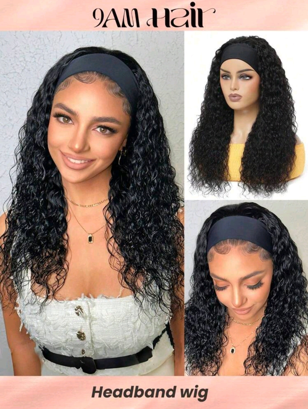 Perruque bandeau à vague d'eau couleur noir naturel, cheveux humains vierges brésiliens non traités, perruque fabriquée à la machine, facile à porter, convient pour 130%, 150%, 180%
