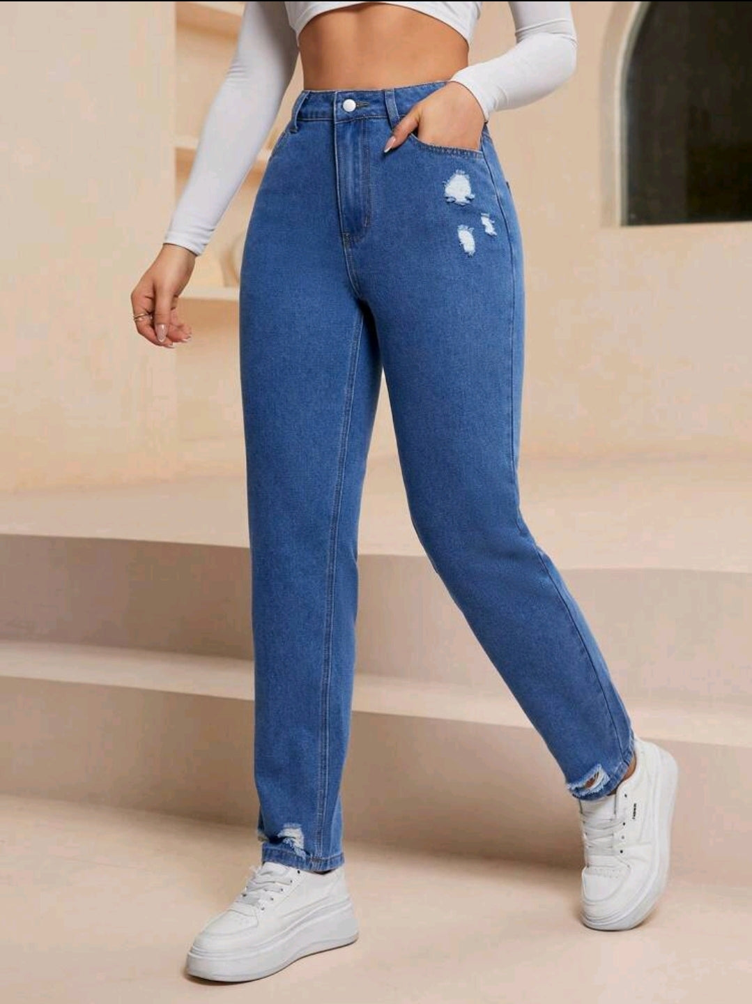 Jeans casual, fuselés et délavés avec poches pour femmes