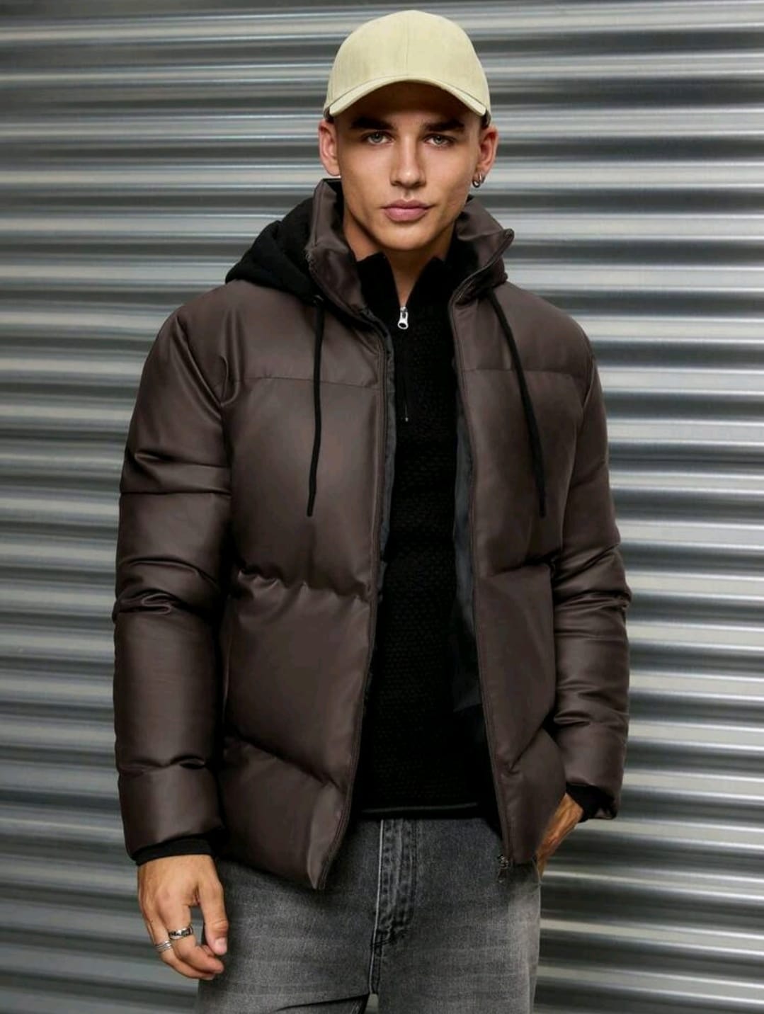 Sweat-shirt à capuche matelassé à doublure thermique en tissu PU de base pour homme, coupe slim