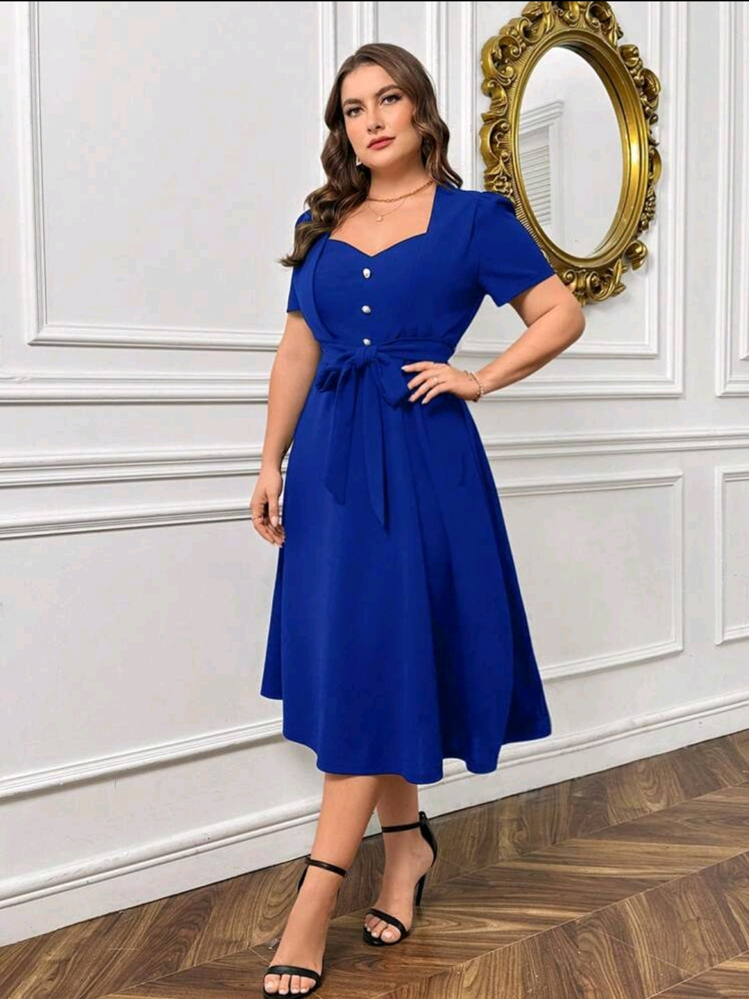Robe romantique à manches bouffantes, col en cœur avec boutons de perle, ceinturée, adaptée pour les sorties, le travail quotidien, grande taille