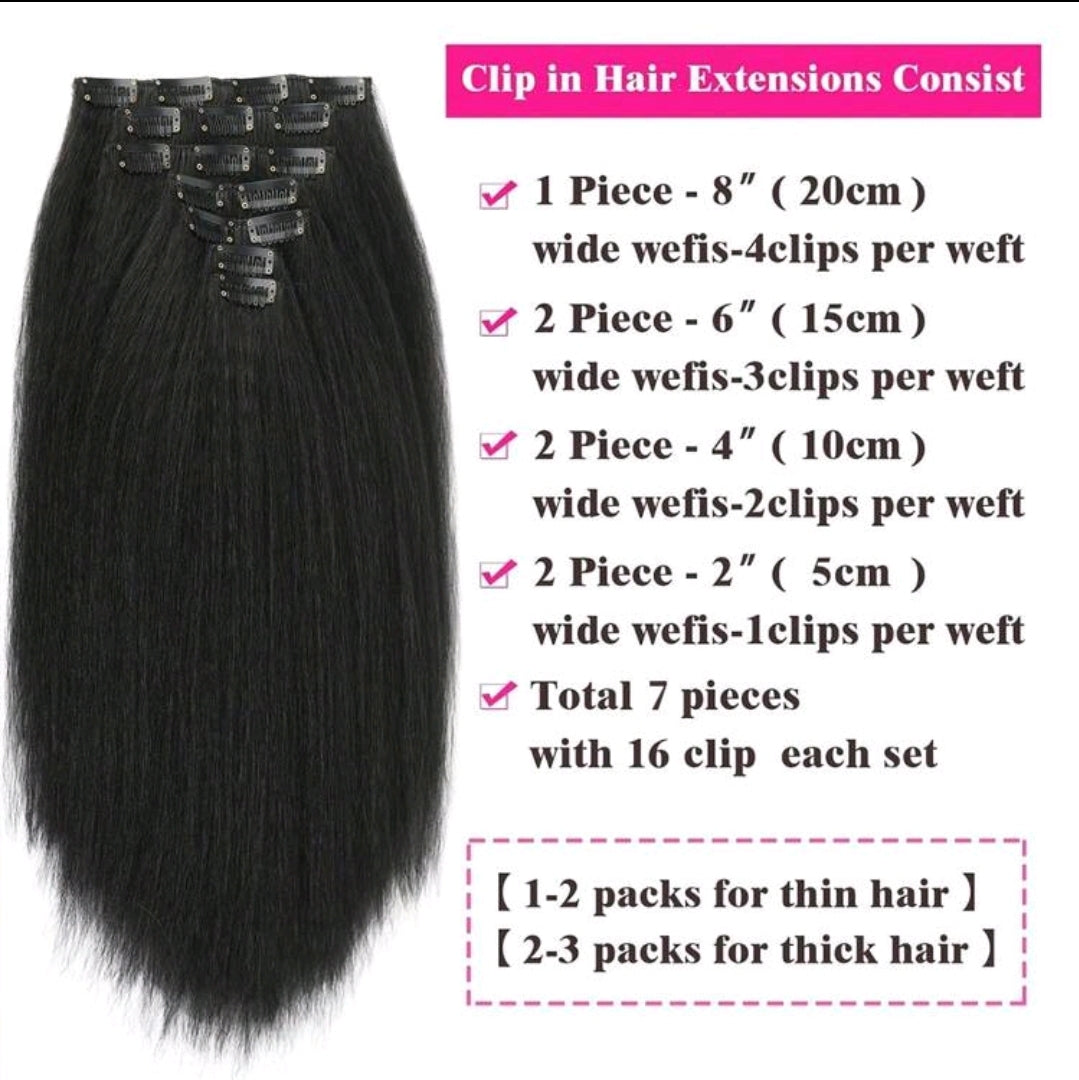 Extensions de cheveux raides kinky noirs en clips pour la tête complète, extensions synthétiques raides yaki en clips pour 7 pièces 25 inch