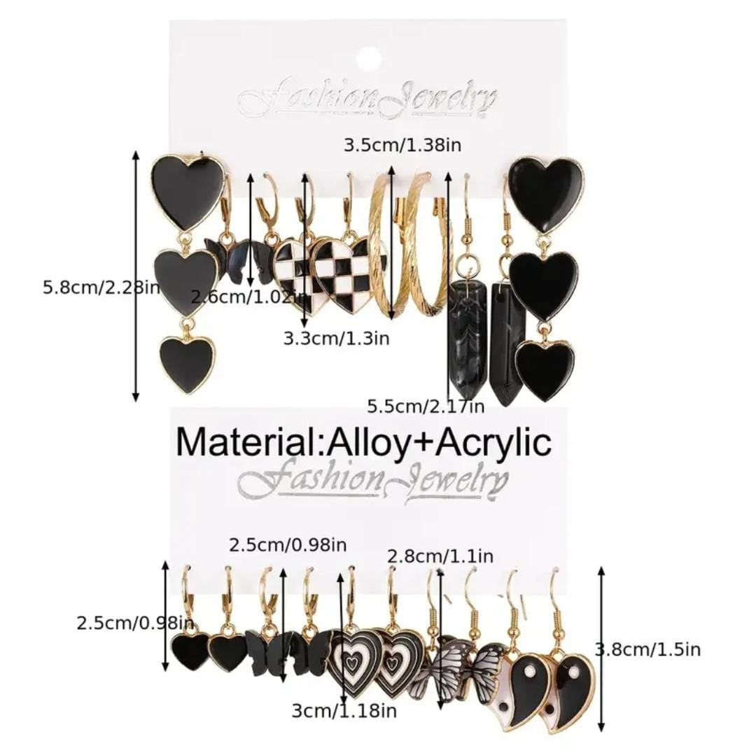Un grand ensemble de 10 paires de boucles d'oreilles pendentif imitation jade imitant le punk vintage noir coulant à l'huile avec un cœur et une papillon.