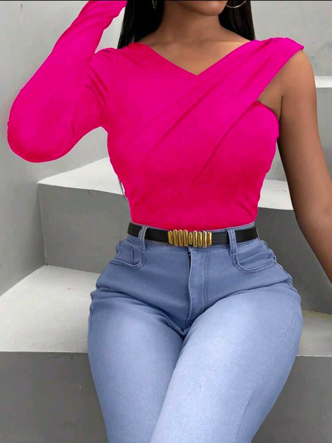 VaVaBold T-shirt Décontracté Printemps Ajusté Slim Col Asymétrique