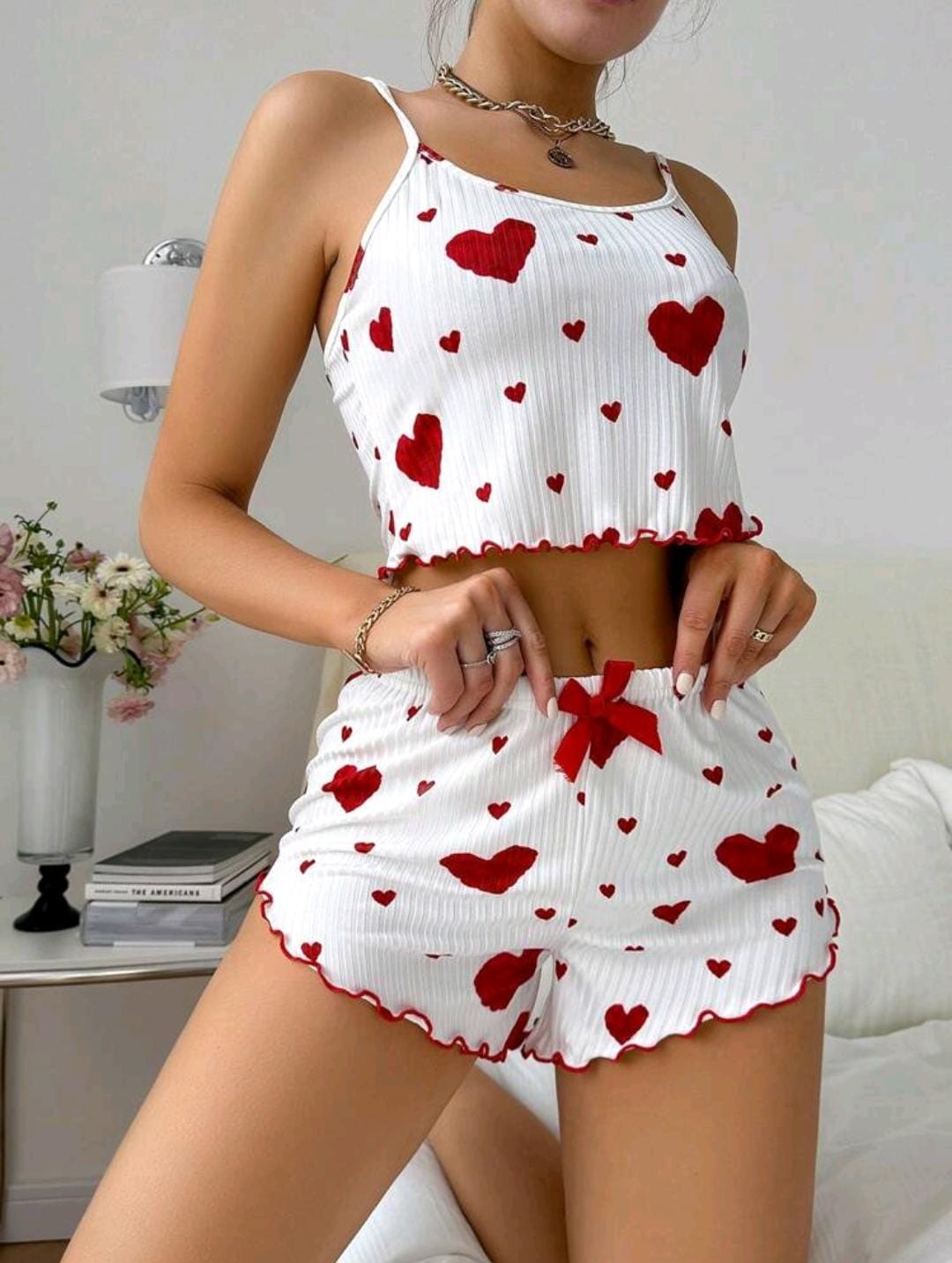 Ensemble Pyjama Haut Et Short Caraco Imprimé Cœur Pour Femmes, Ensemble Blanc, Été