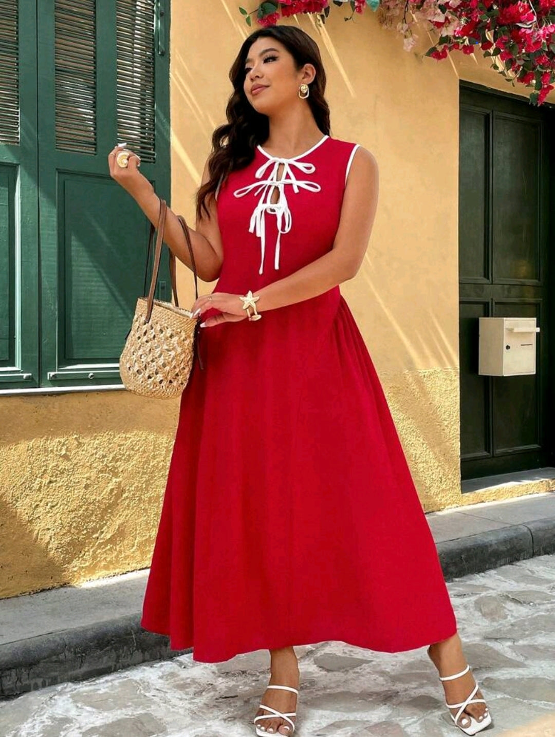 Elenzga Robe femme la plus récente, avec col ajouré, design de cravate bicolore, ourlet côté taille froncé