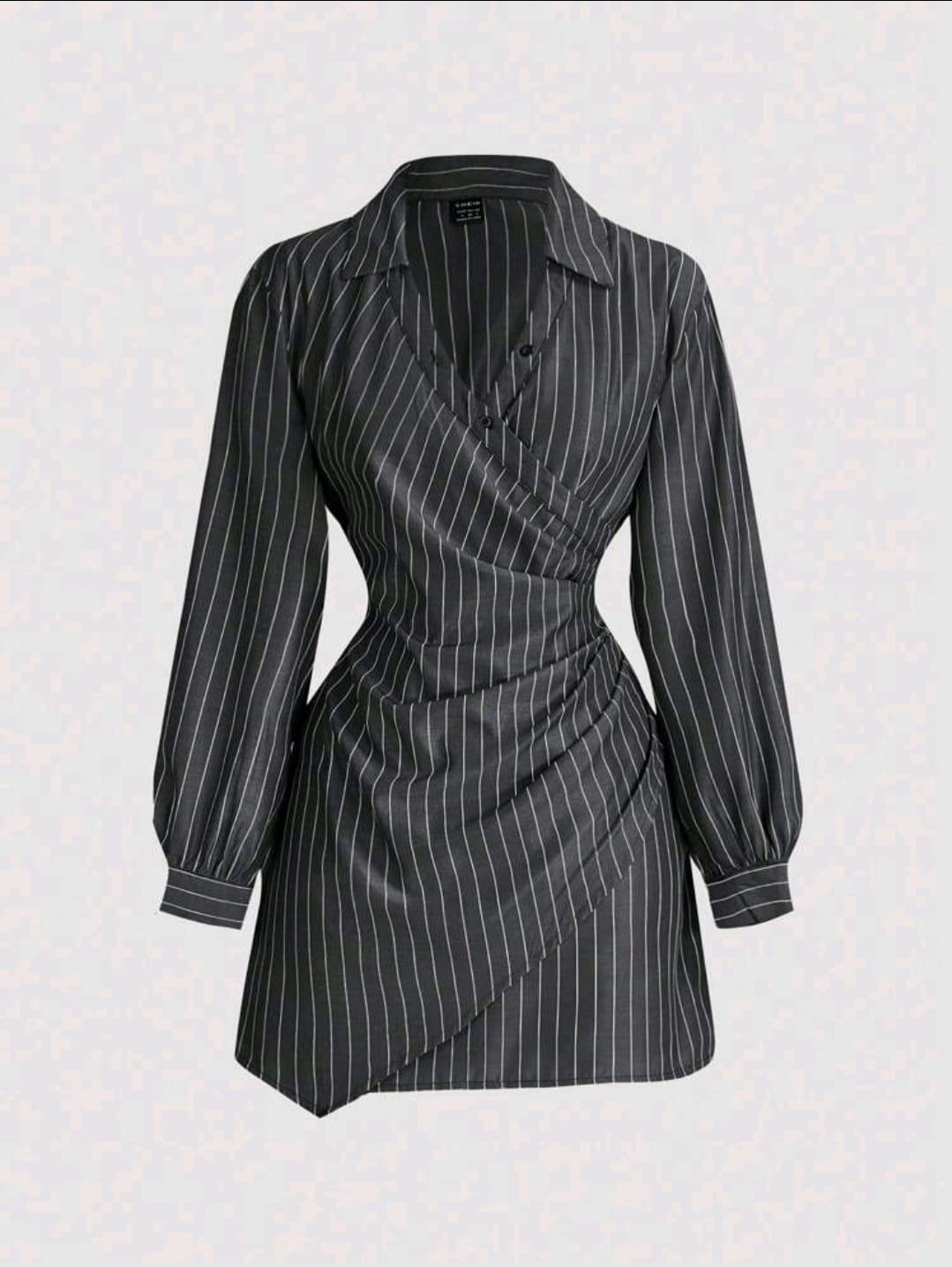 SHEIN MOD Robe femme à manches longues avec volants, imprimé rayures bleues et blanches, croisé sur le devant.