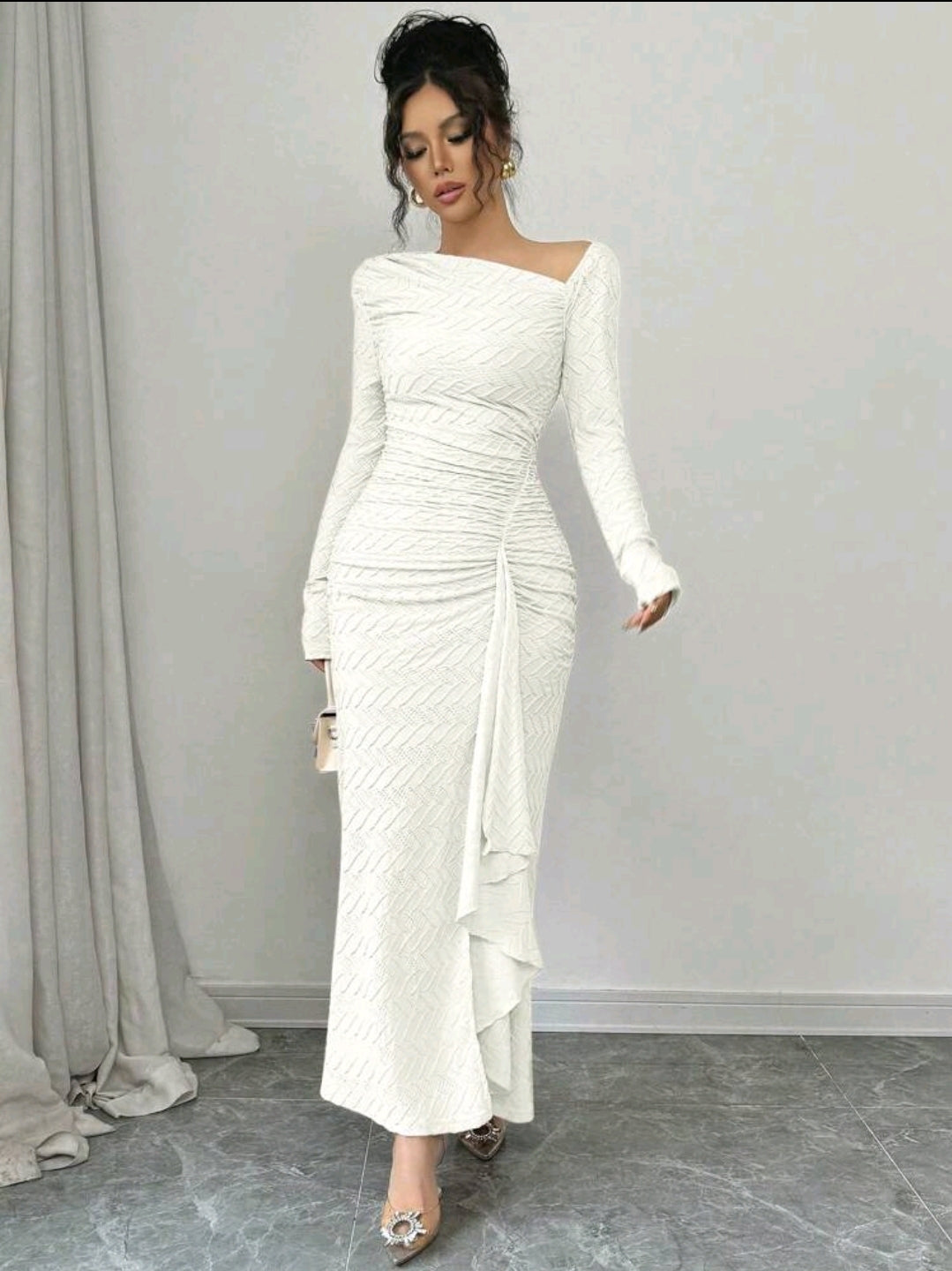 Elenzga Robe maxi élégante en tricot texturé de couleur unie à manches longues