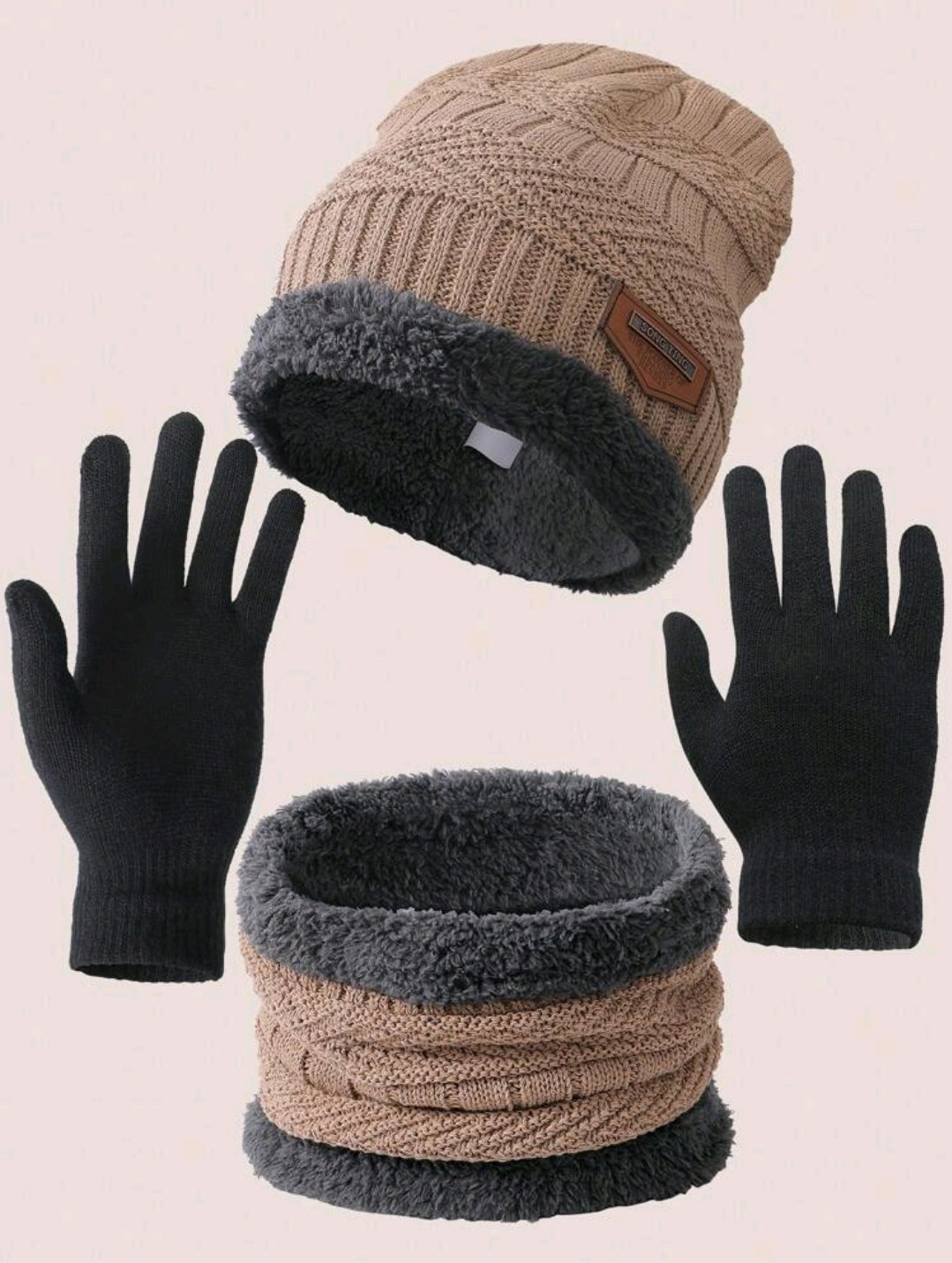 3 pièces Ensemble bonnet tricoté d'hiver, écharpe tour de cou et gants à double couche
