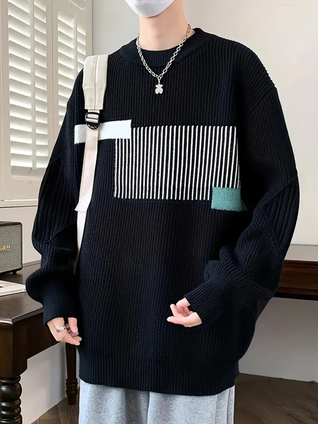 Pull Tricoté à Rayures et Blocs de Couleur pour Homme, Pull Décontracté à Manches Longues
