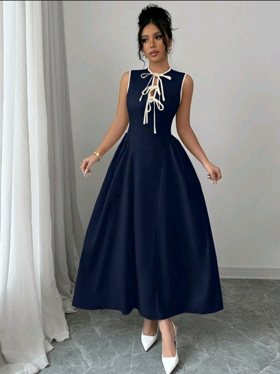 Elenzga Robe femme la plus récente, avec col ajouré, design de cravate bicolore, ourlet côté taille froncé, tissu texturé, fermeture à glissière dans le dos