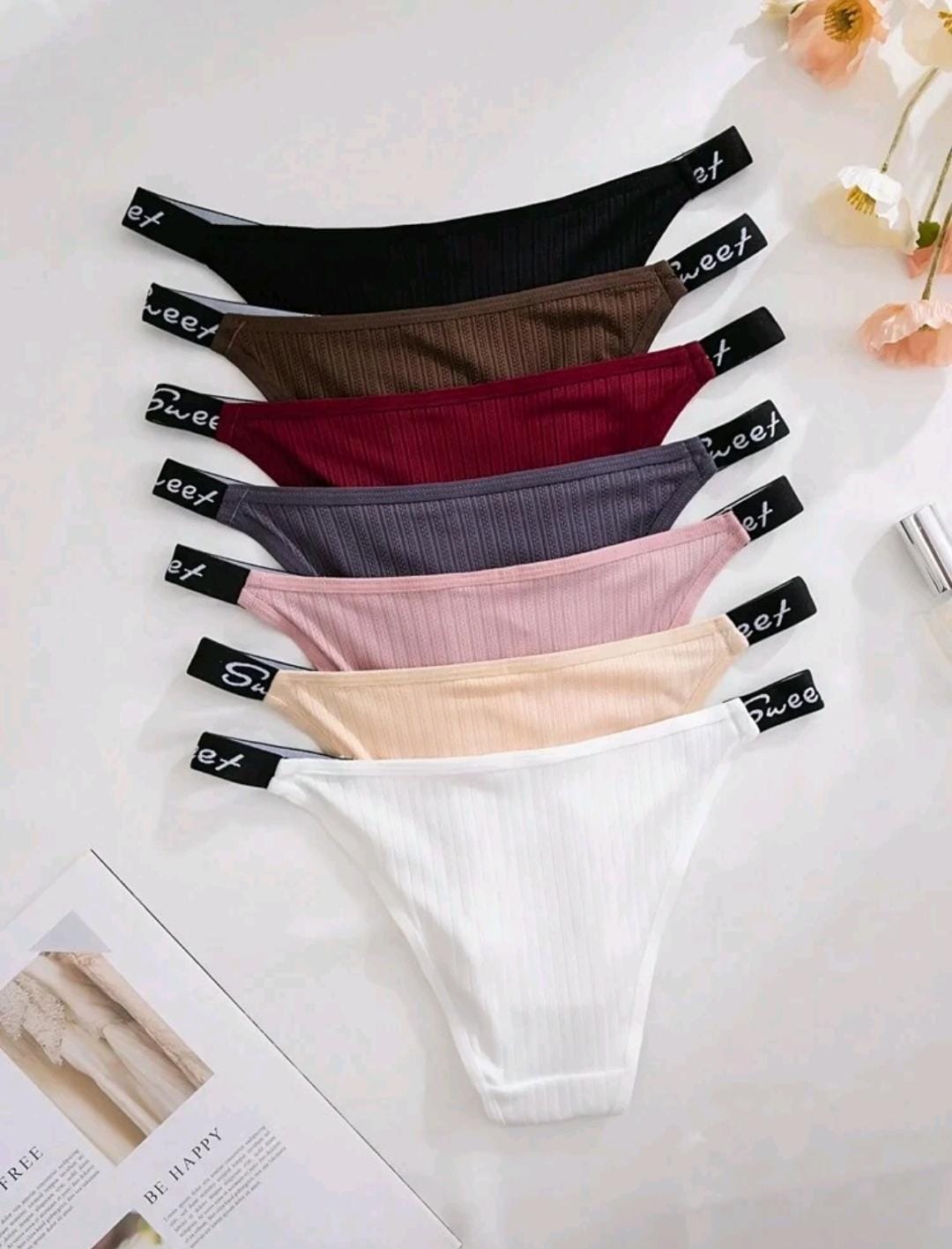 7 pièces de culottes taille basse pour femmes à bande de taille côtelée avec texte en anglais