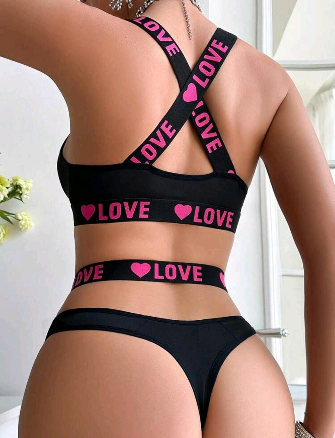 Ensemble de soutien-gorge de sport et culotte pour femme, soutien-gorge sans fil avec motif élastique à cœur et lettres