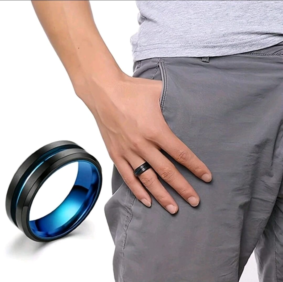 4 pièces Bague en acier inoxydable bleue à la mode pour homme, découpée, mate sablée, avec chaîne bleue rotative.