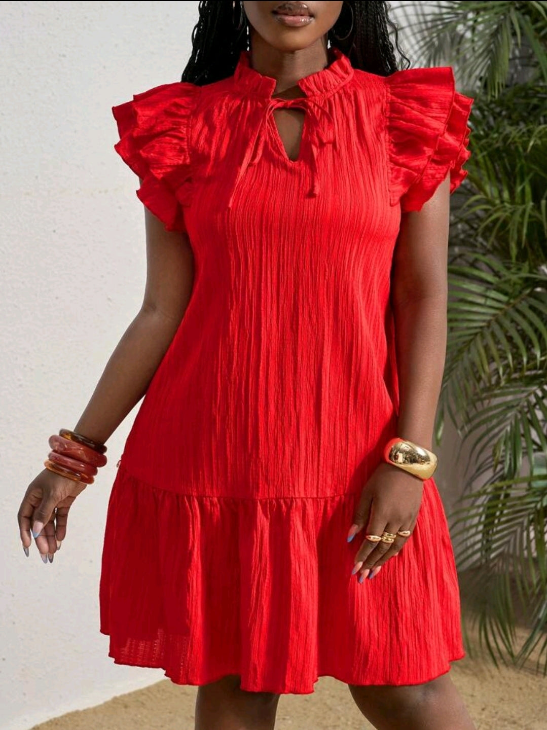 Slaydiva Robe décontractée en tissu texturé avec lien rouge pour femmes