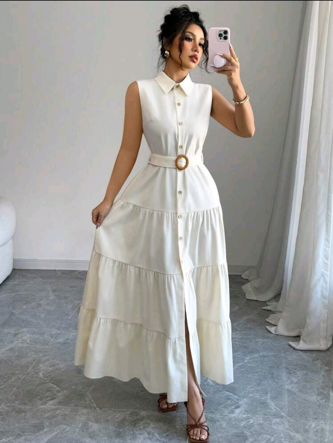 Elenzga Robe longue pour femmes avec col, boutons et ceinture