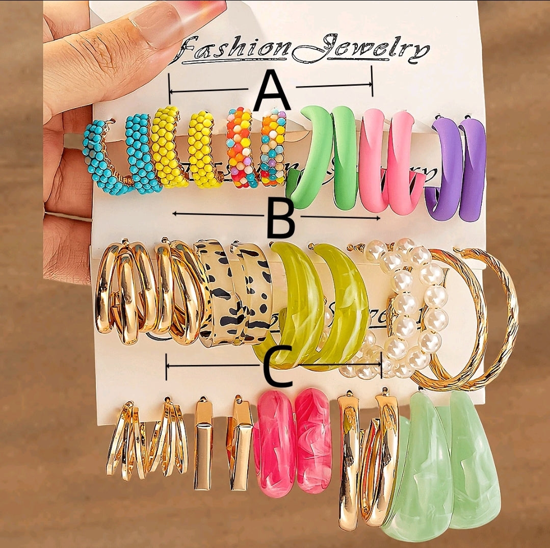 5 à 16 paires/set de boucles d'oreilles larges en forme de C avec perles en résine et en métal, style transfrontalier