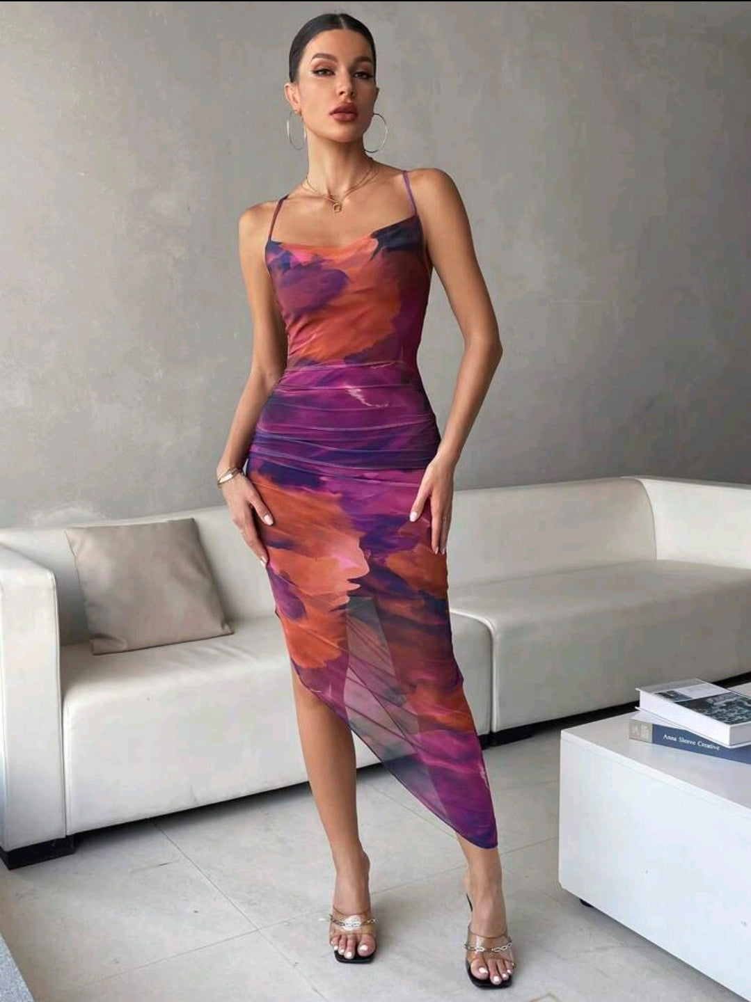 Allurite Robe de soirée d'été de luxe pour femmes, robe à col drapé avec imprimé tie dye, robe à bretelles fines et dos nu
