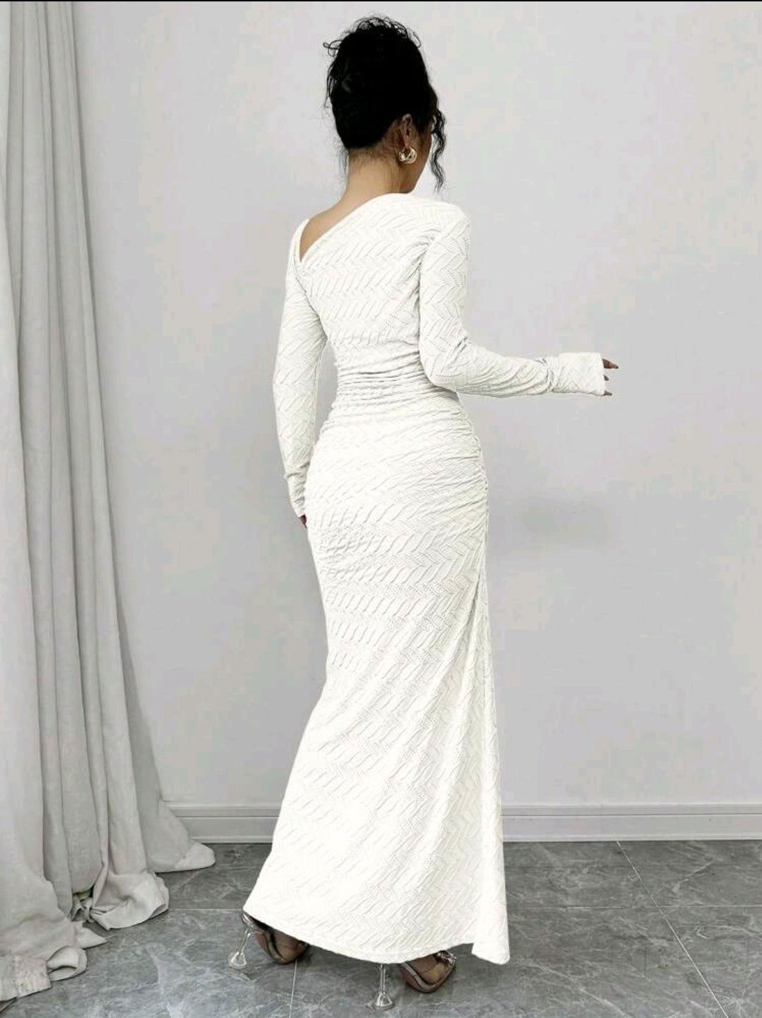 Elenzga Robe maxi élégante en tricot texturé de couleur unie à manches longues