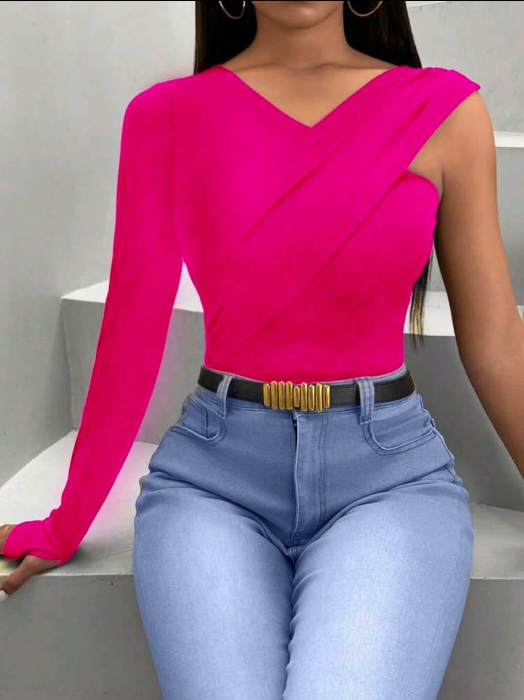 VaVaBold T-shirt Décontracté Printemps Ajusté Slim Col Asymétrique