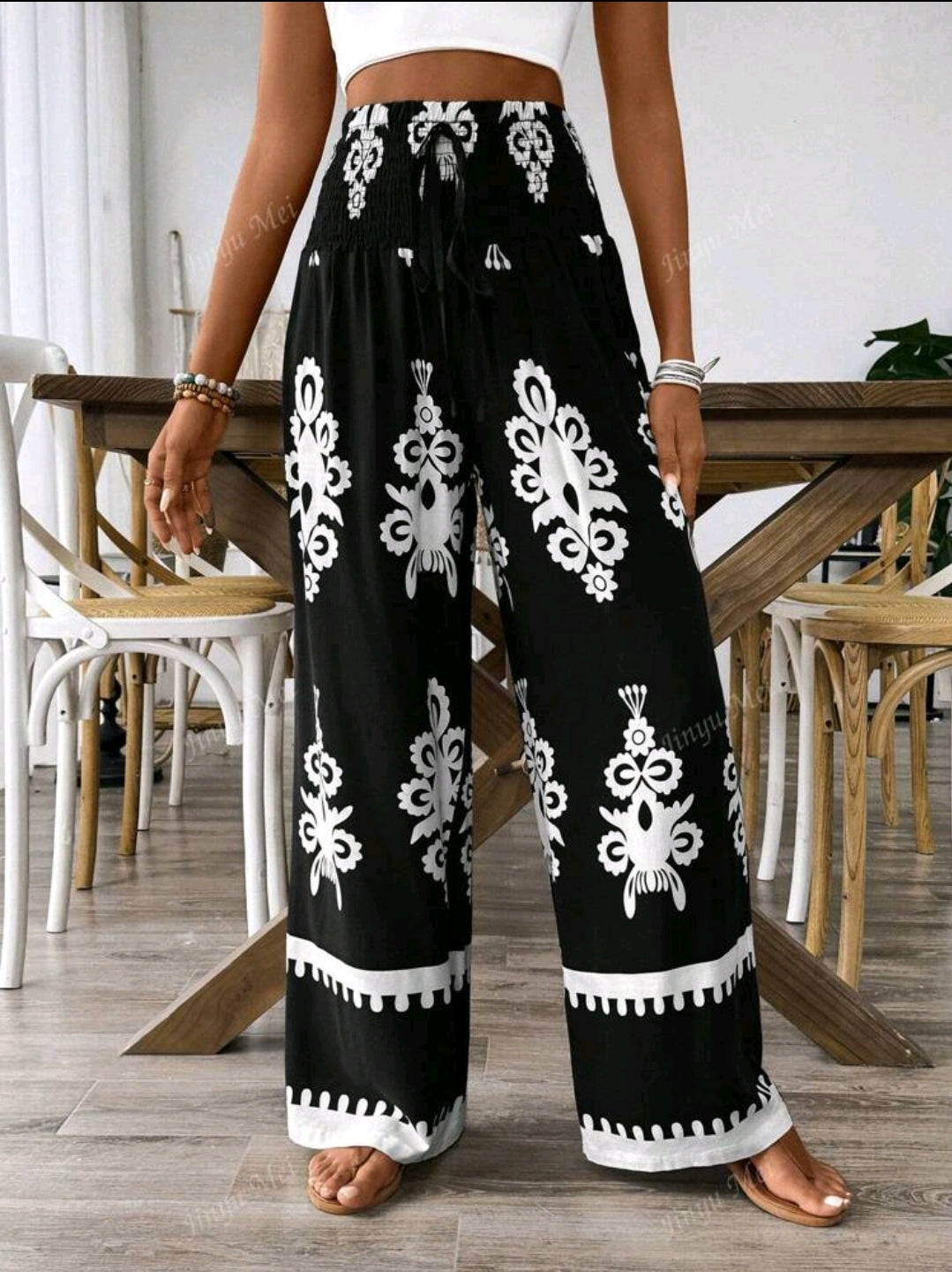 Pantalon large à taille élastique et à cordon pour femmes, avec imprimé floral aléatoire