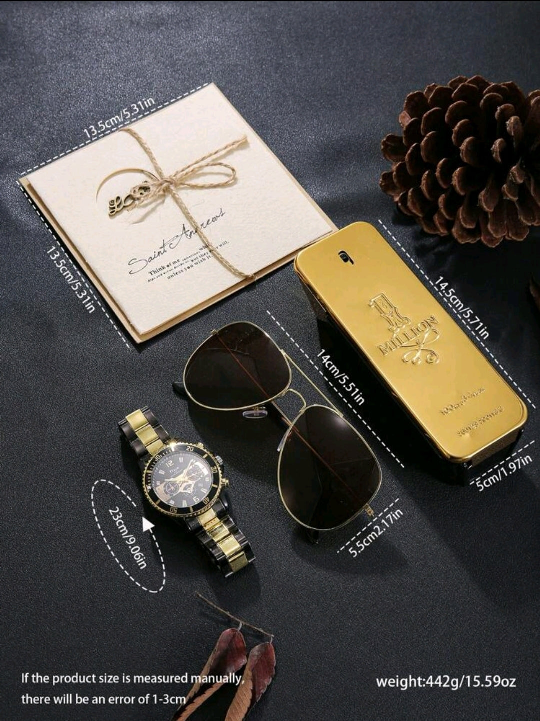 5 pièces/Set Montre de luxe élégante + Lunettes de soleil, carte de vœux, cadeau idéal pour anniversaire, fête des pères, Thanksgiving