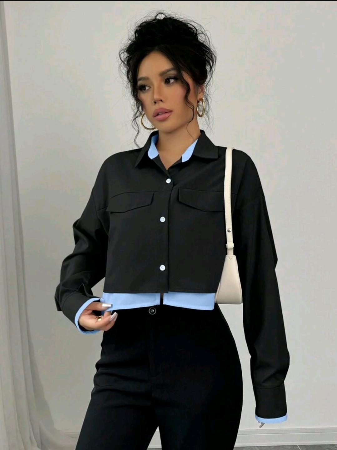 Chiquease Nouvelle blouse à manches longues avec couleurs contrastées pour femmes, en tissu tissé, col rabattu