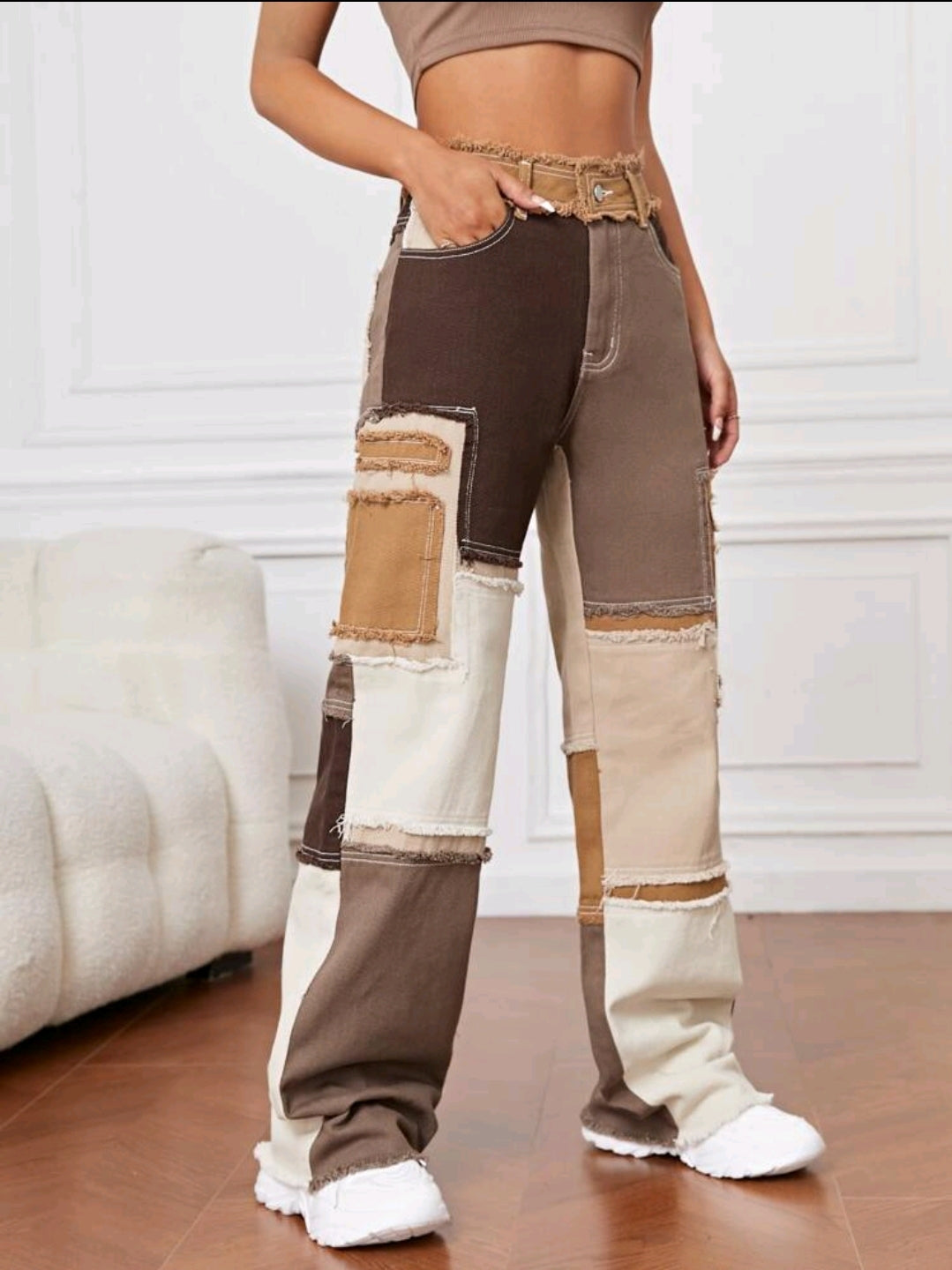 Jean à imprimé patchwork effiloché