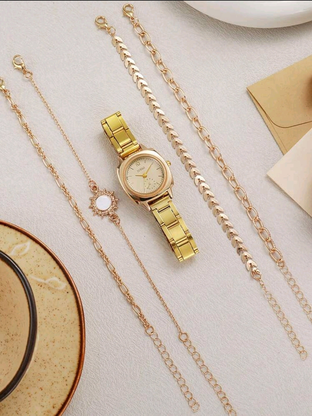 5 pièces/set Montre à quartz à cadran rond en acier de style mode mélangé avec bracelet décoré de feuilles.