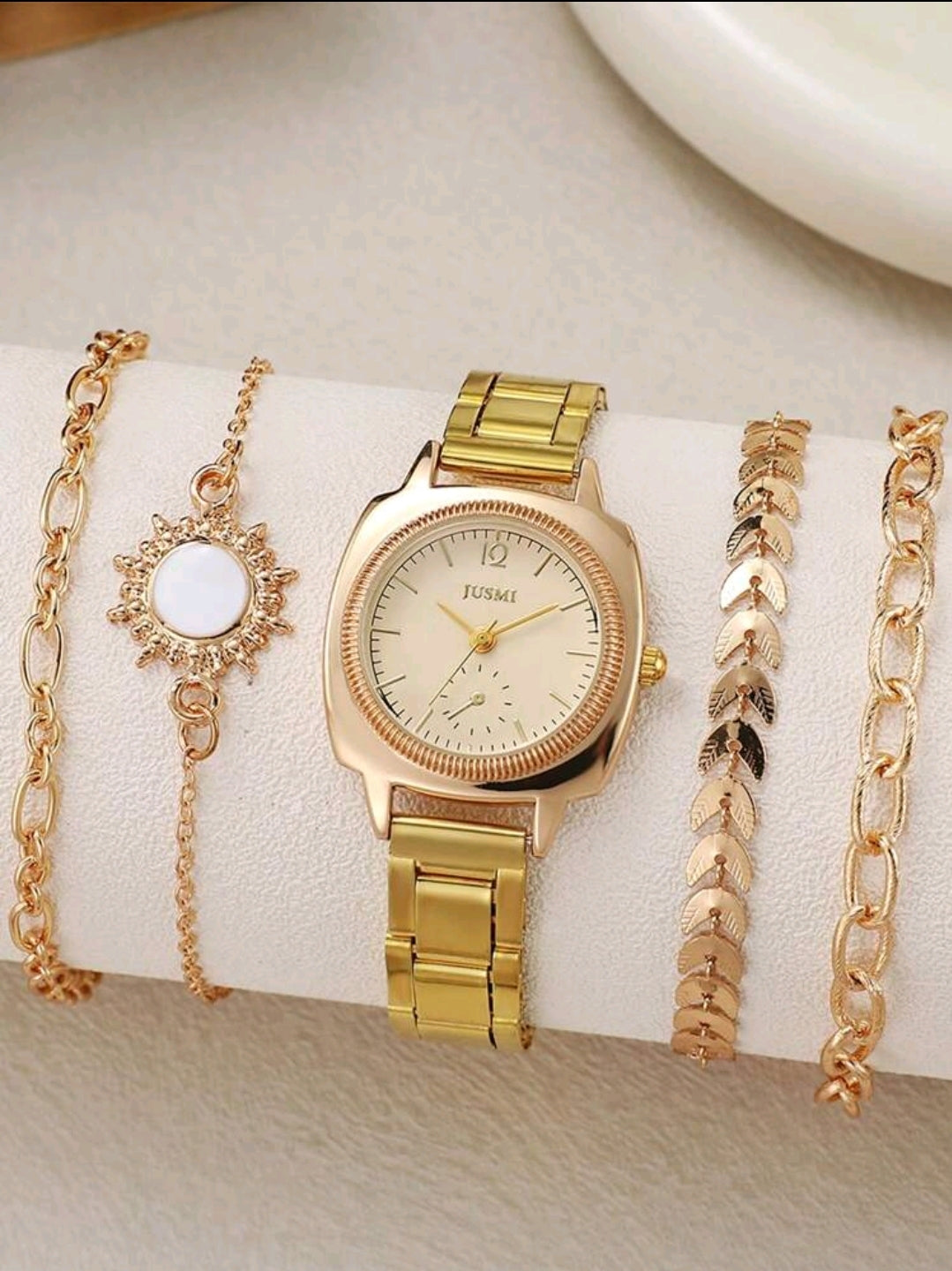 5 pièces/set Montre à quartz à cadran rond en acier de style mode mélangé avec bracelet décoré de feuilles.