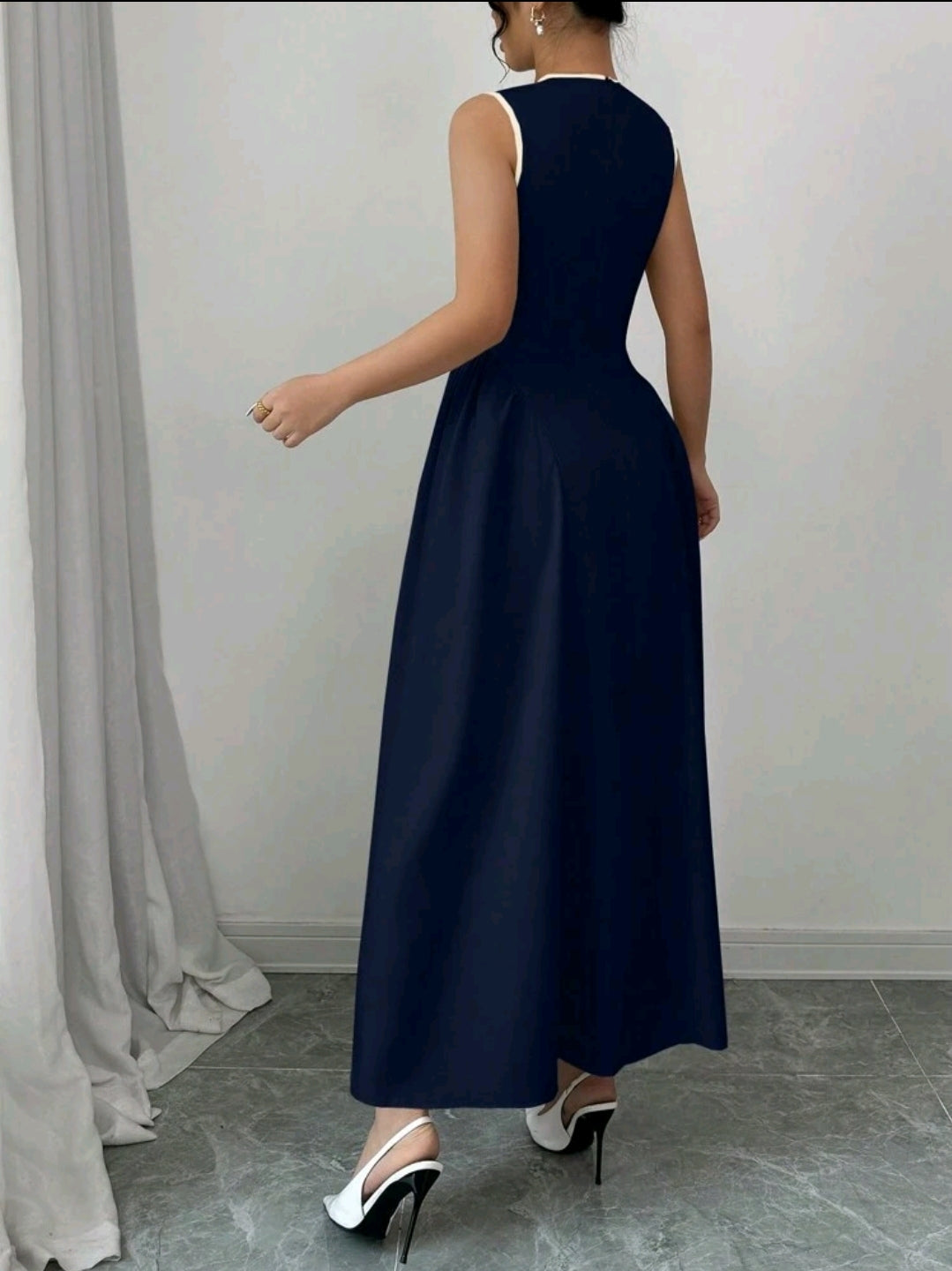 Elenzga Robe femme la plus récente, avec col ajouré, design de cravate bicolore, ourlet côté taille froncé, tissu texturé, fermeture à glissière dans le dos