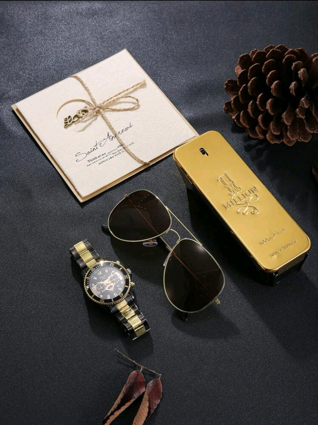 5 pièces/Set Montre de luxe élégante + Lunettes de soleil, carte de vœux, cadeau idéal pour anniversaire, fête des pères, Thanksgiving