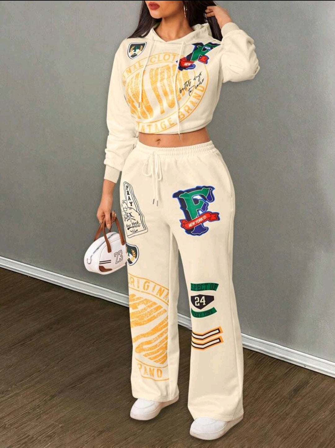 INAWLY 2 pièces Ensemble casual femme Top à capuche avec imprimé lettre et pantalon