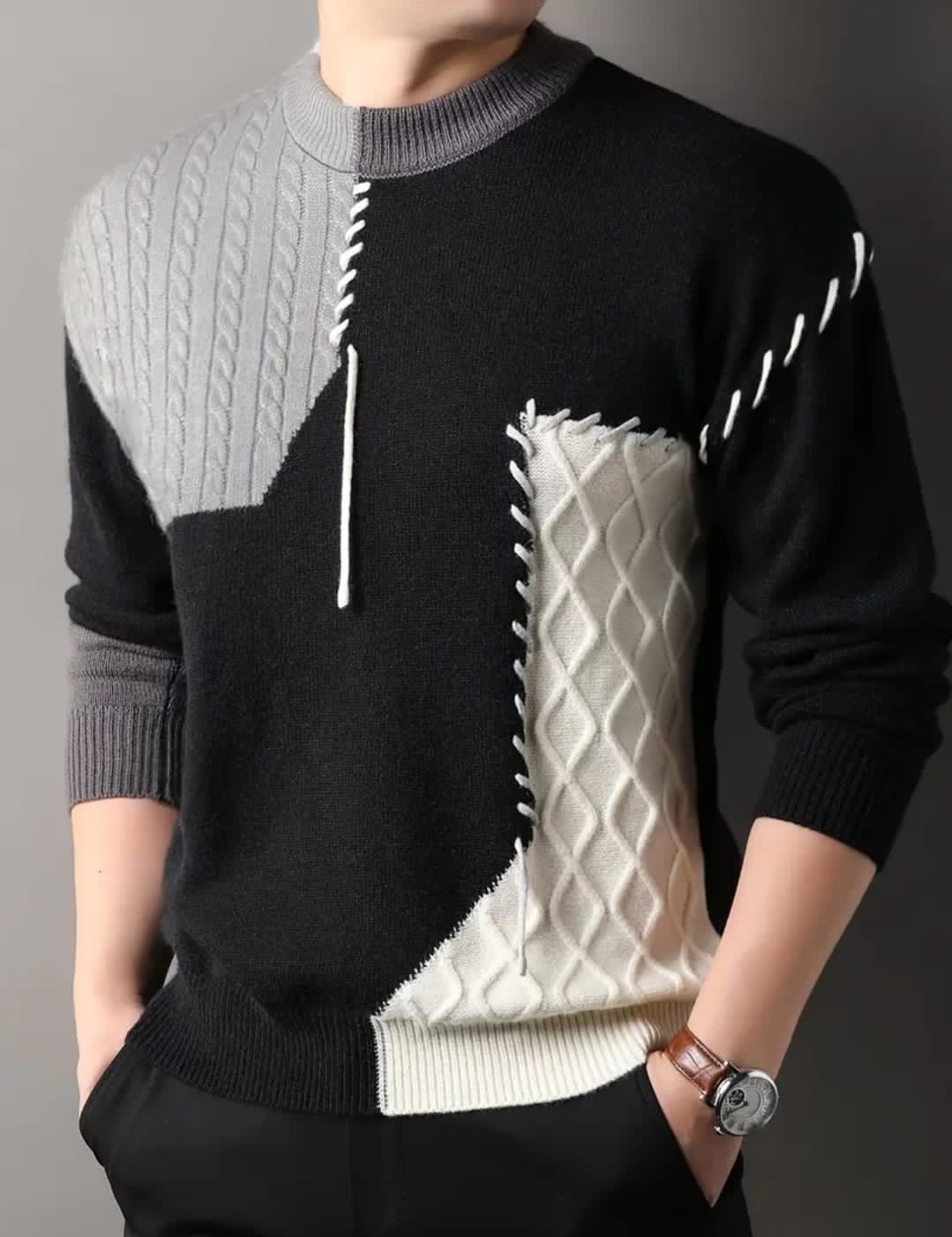 1pc Pull À Col Rond de Style Coréen Pour Hommes, Motif Rayé Décontracté, Tricot Côtelé, Légèrement Extensible, Coupe Ample, Tissu Tricoté En Acrylique, Pull Épais Et Chaud Pour L'automne/hiver