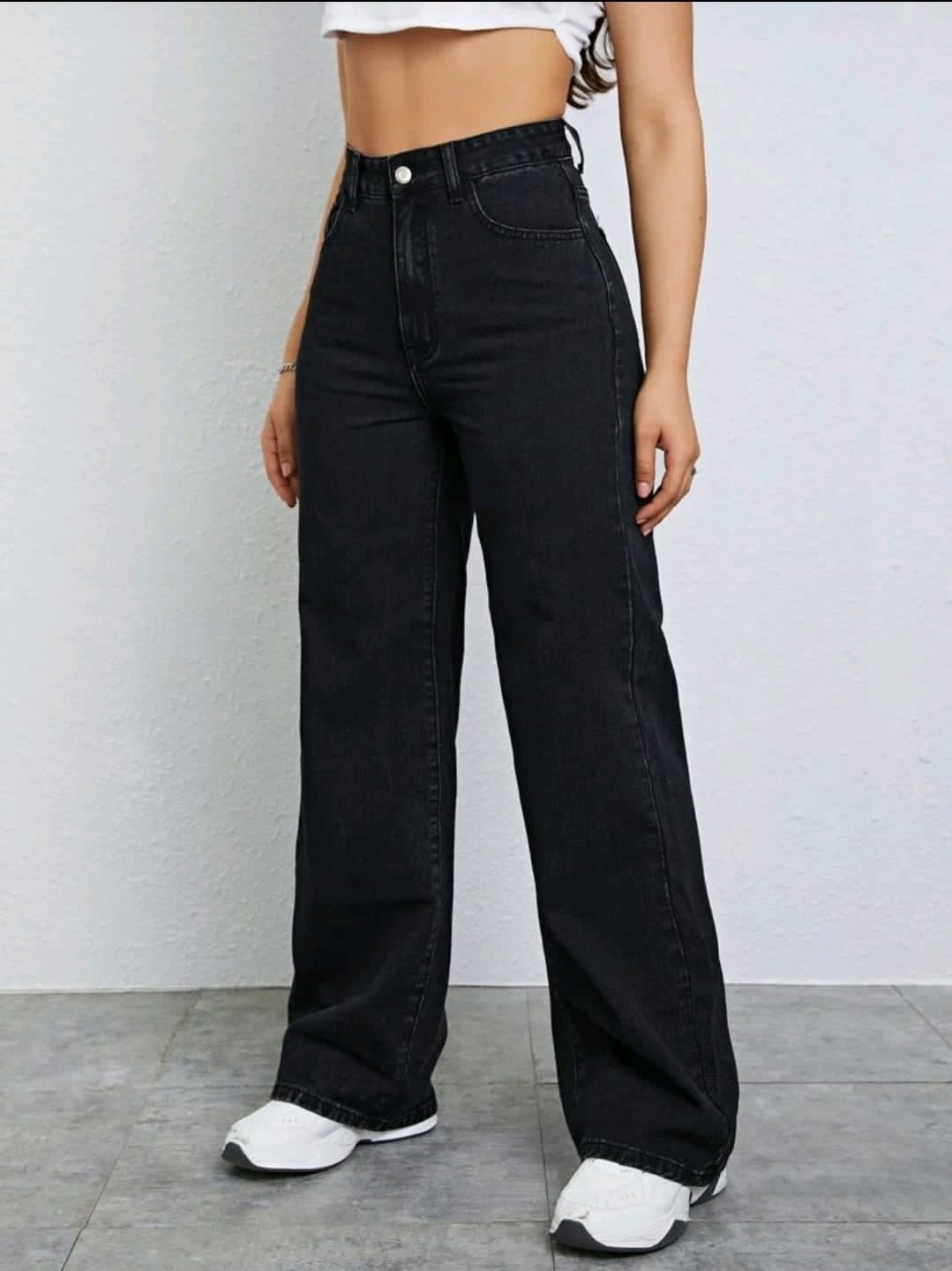 Jeans en denim délavé à taille haute ample et évasé, style décontracté